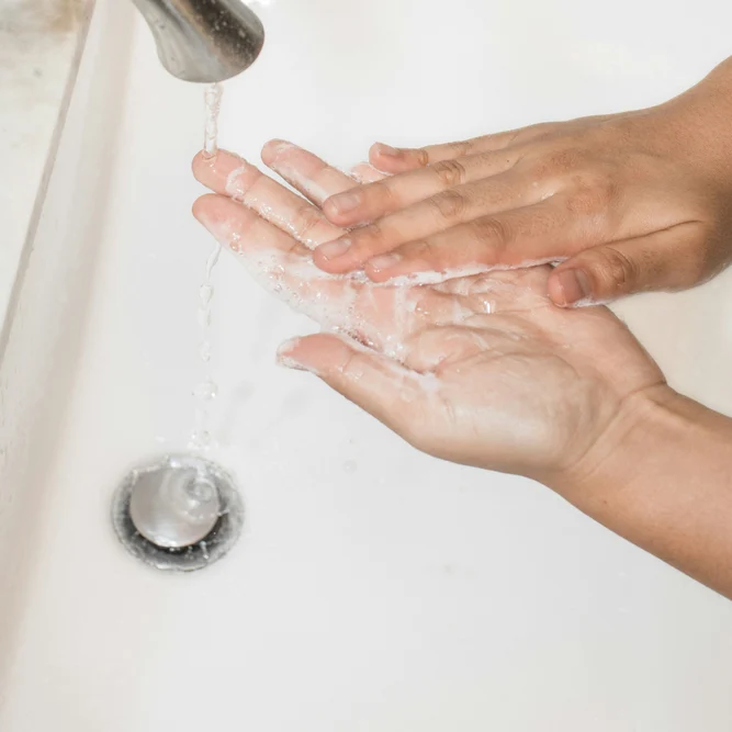 Deux mains savonnées se frottant sous le filet d'eau d'un robinet dans un lavabo.